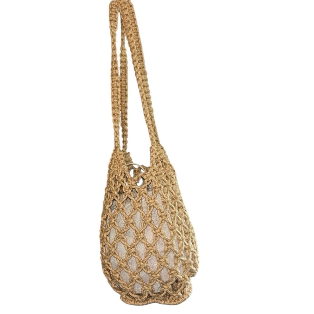 Summer Crochet Rope Shoulder Bag Tote with Drawstring Insert in Tan - Picture 4 of 8